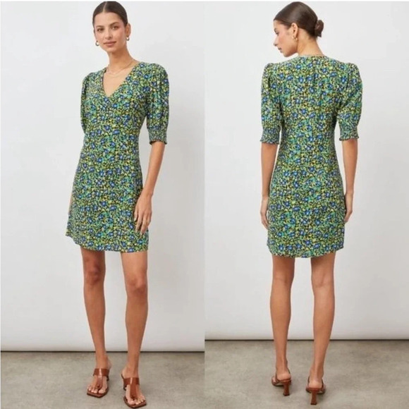 NWOT Rails Roma Mini Dress Abstract Garden Floral Green V-neck Puff Sleeves - Picture 1 of 13